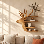 Side Profile Deer Bookshelf, Carved Solid Wood Stag Wall Shelf with Four Stacked Shelves