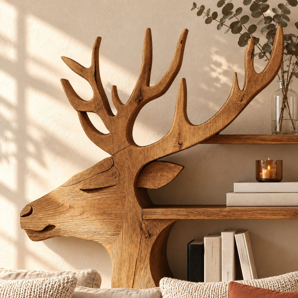 Side Profile Deer Bookshelf, Carved Solid Wood Stag Wall Shelf with Four Stacked Shelves