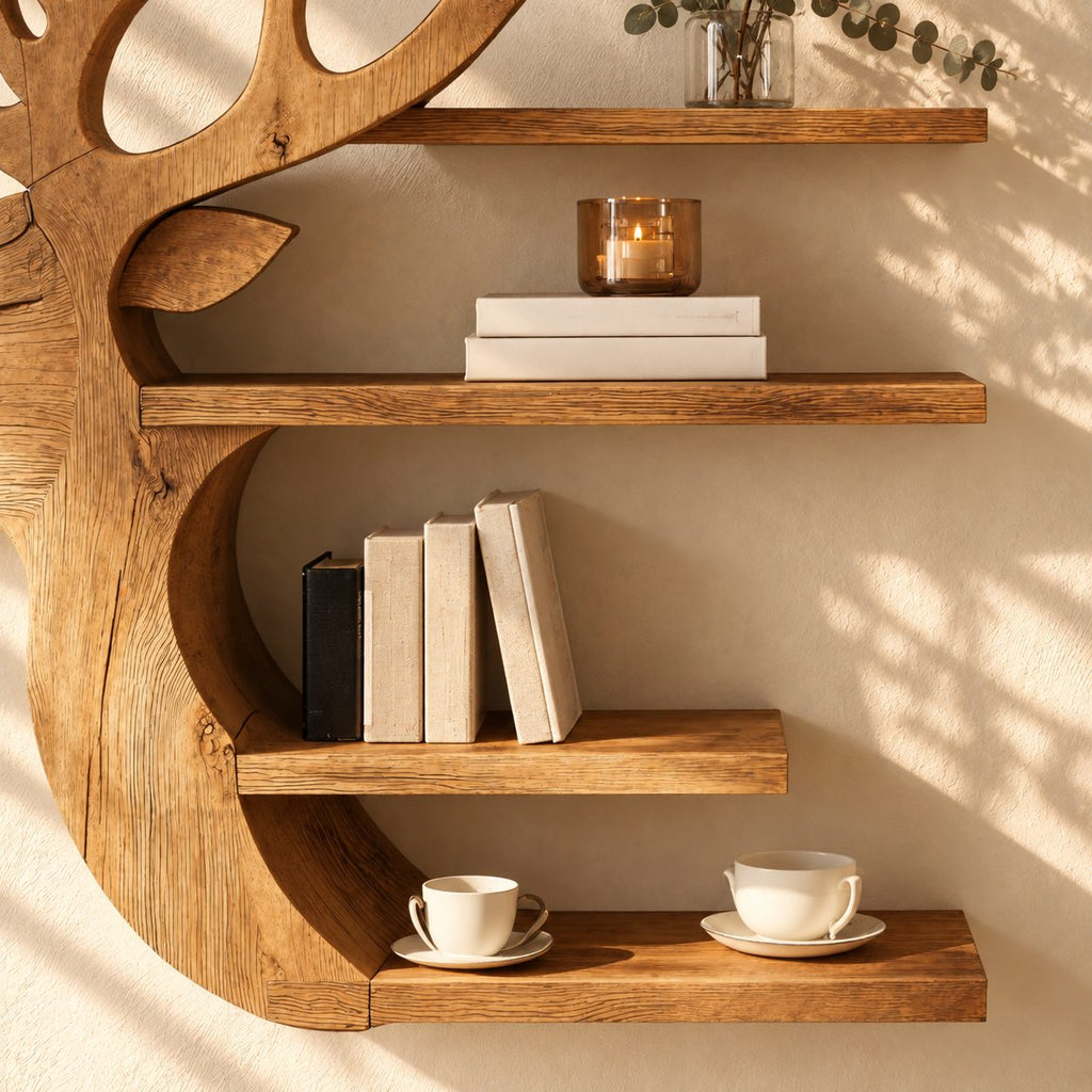 Side Profile Deer Bookshelf, Carved Solid Wood Stag Wall Shelf with Four Stacked Shelves