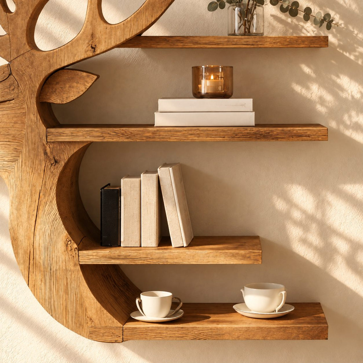 Side Profile Deer Bookshelf, Carved Solid Wood Stag Wall Shelf with Four Stacked Shelves