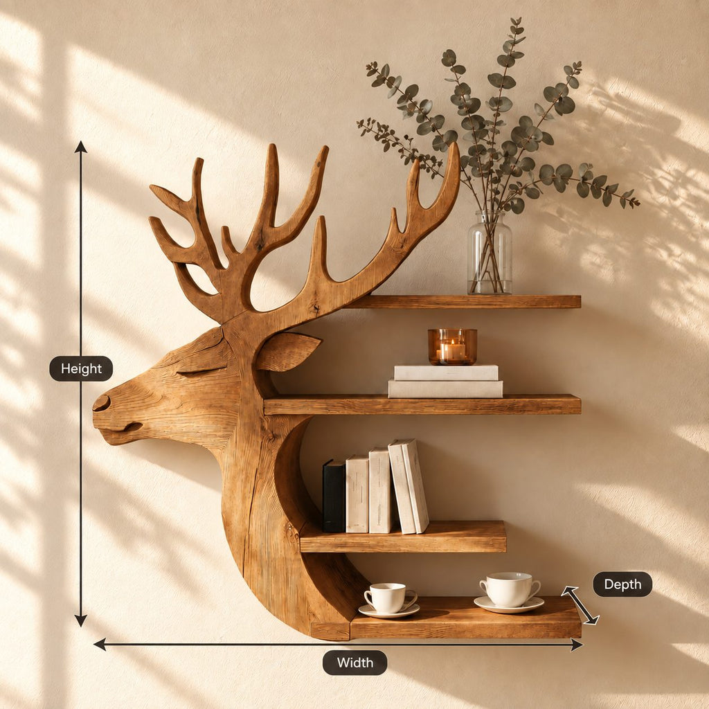 Side Profile Deer Bookshelf, Carved Solid Wood Stag Wall Shelf with Four Stacked Shelves