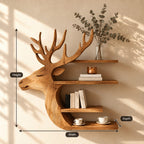 Side Profile Deer Bookshelf, Carved Solid Wood Stag Wall Shelf with Four Stacked Shelves