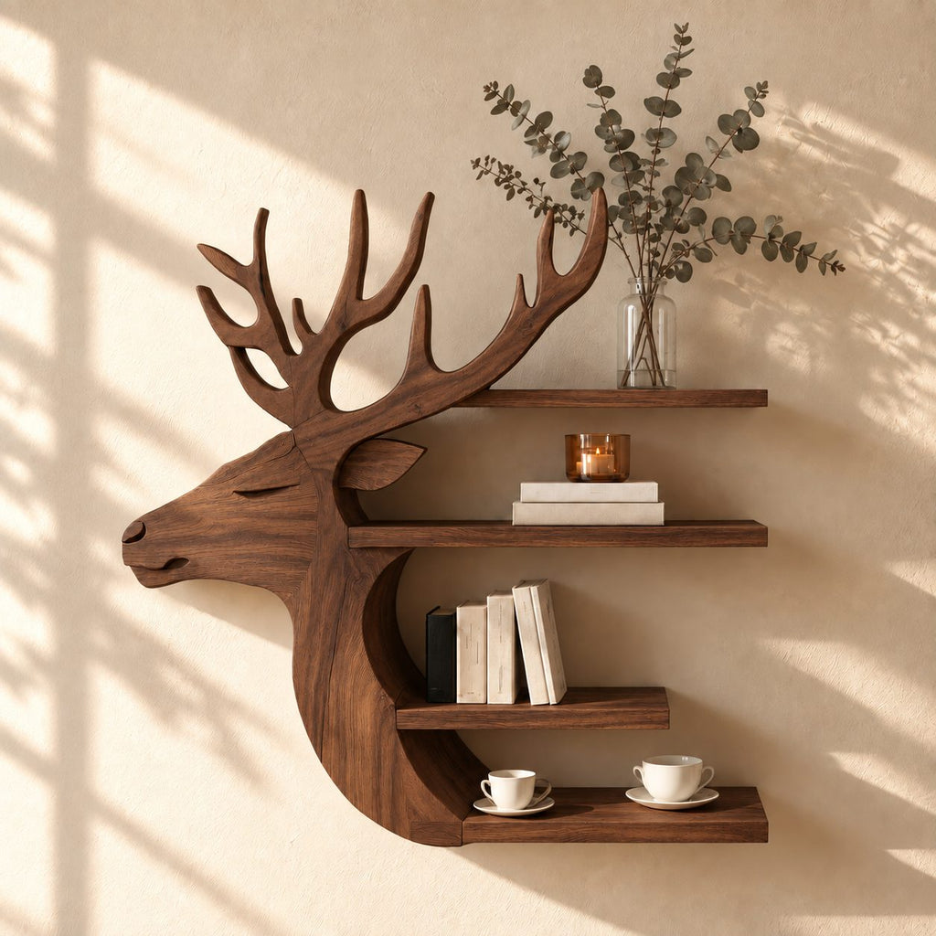 Side Profile Deer Bookshelf, Carved Solid Wood Stag Wall Shelf with Four Stacked Shelves