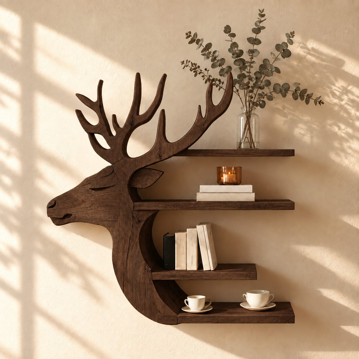 Side Profile Deer Bookshelf, Carved Solid Wood Stag Wall Shelf with Four Stacked Shelves