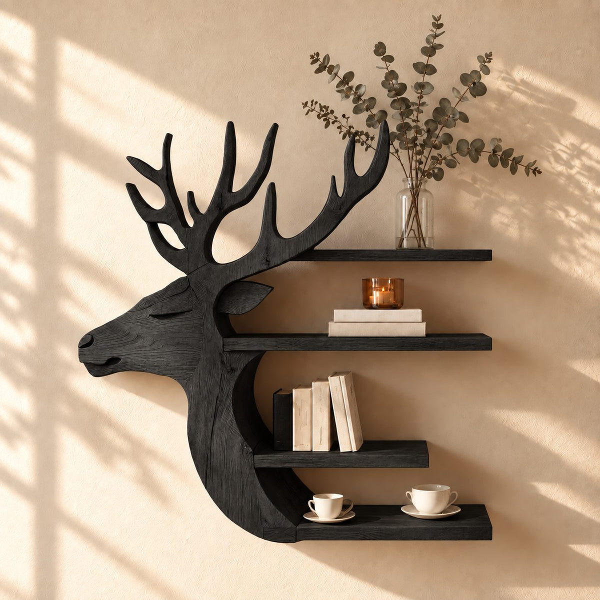 Side Profile Deer Bookshelf, Carved Solid Wood Stag Wall Shelf with Four Stacked Shelves