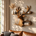 Oval Cubby Deer Wall Shelf, Carved Solid Wood Stag Head with Loop Shelf and Antler Ledge
