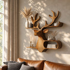 Oval Cubby Deer Wall Shelf, Carved Solid Wood Stag Head with Loop Shelf and Antler Ledge