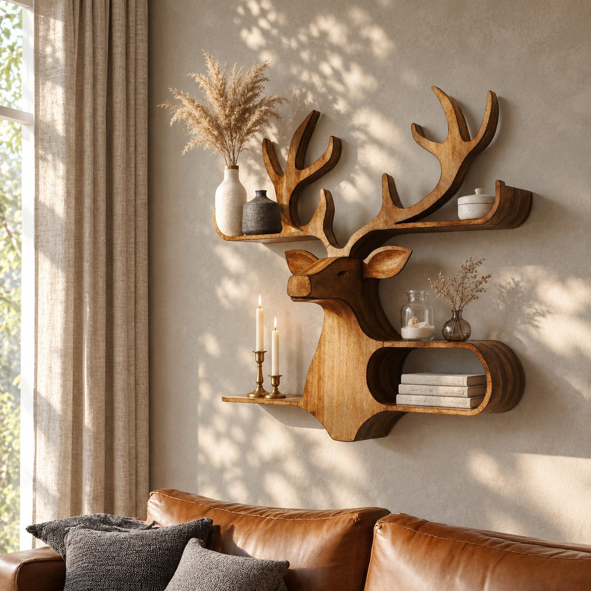 Oval Cubby Deer Wall Shelf, Carved Solid Wood Stag Head with Loop Shelf and Antler Ledge