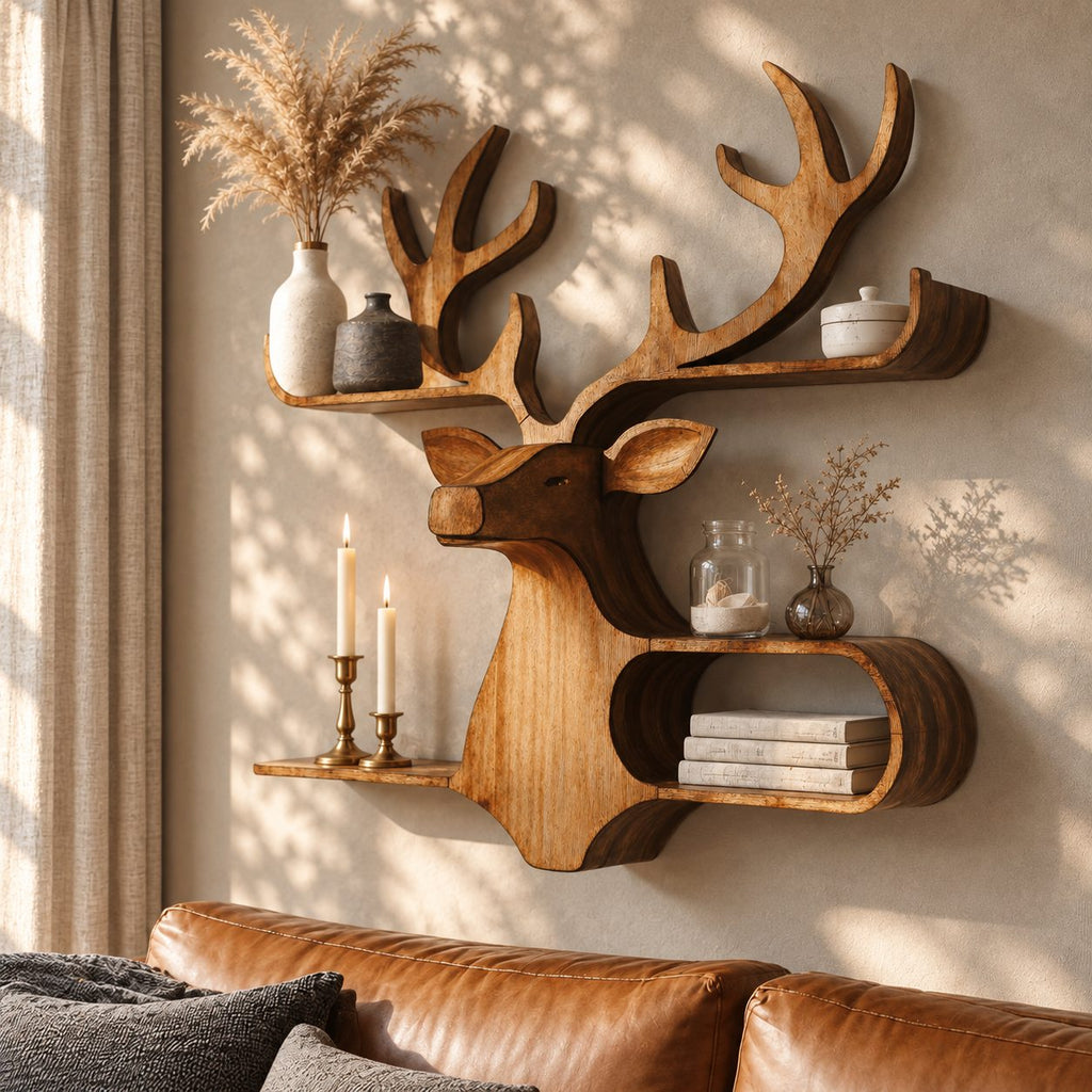Oval Cubby Deer Wall Shelf, Carved Solid Wood Stag Head with Loop Shelf and Antler Ledge