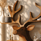 Oval Cubby Deer Wall Shelf, Carved Solid Wood Stag Head with Loop Shelf and Antler Ledge
