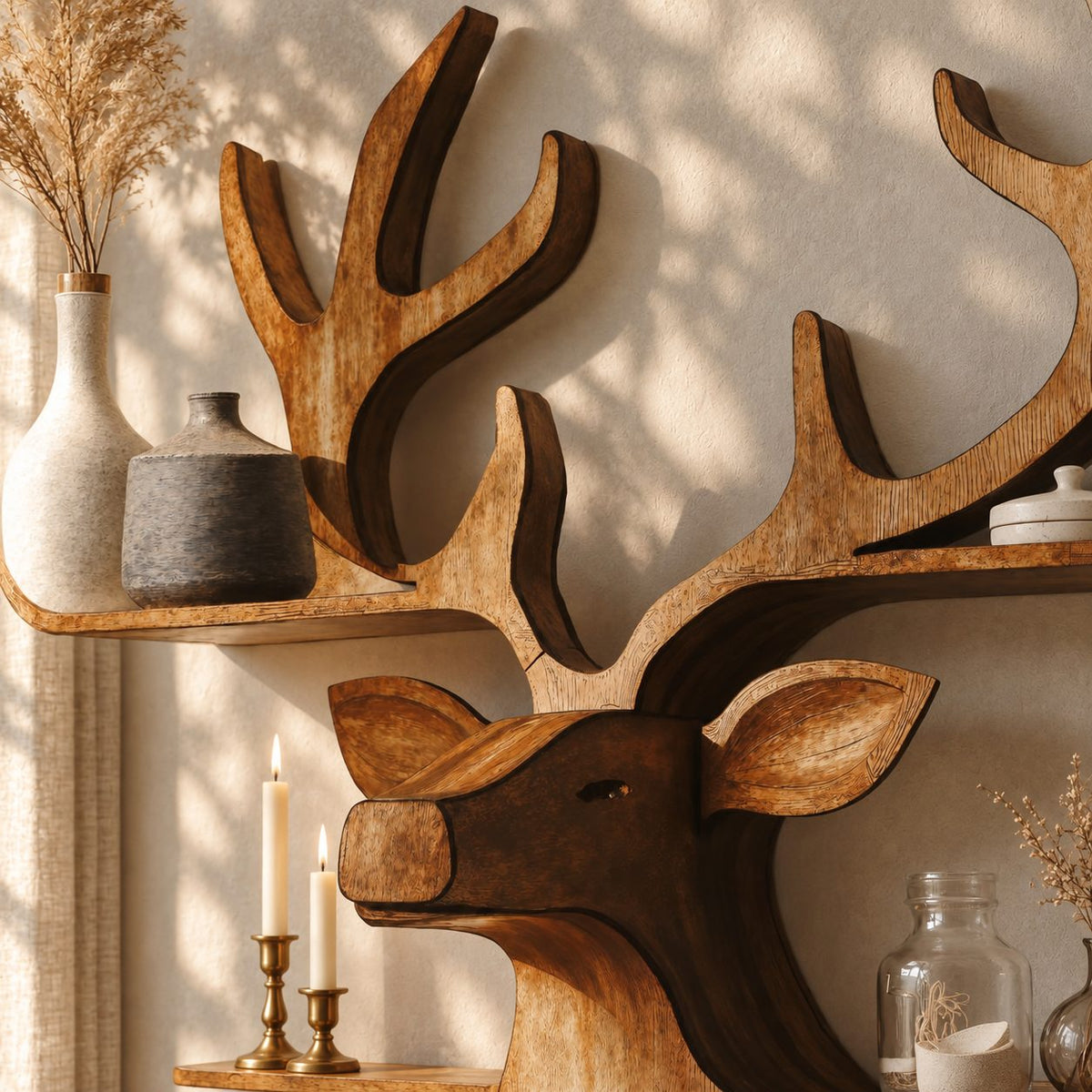 Oval Cubby Deer Wall Shelf, Carved Solid Wood Stag Head with Loop Shelf and Antler Ledge