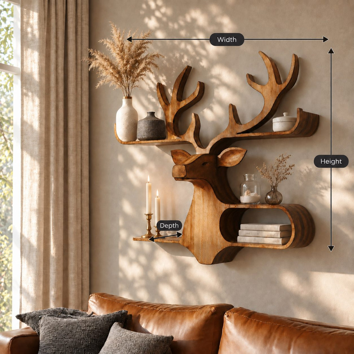 Oval Cubby Deer Wall Shelf, Carved Solid Wood Stag Head with Loop Shelf and Antler Ledge