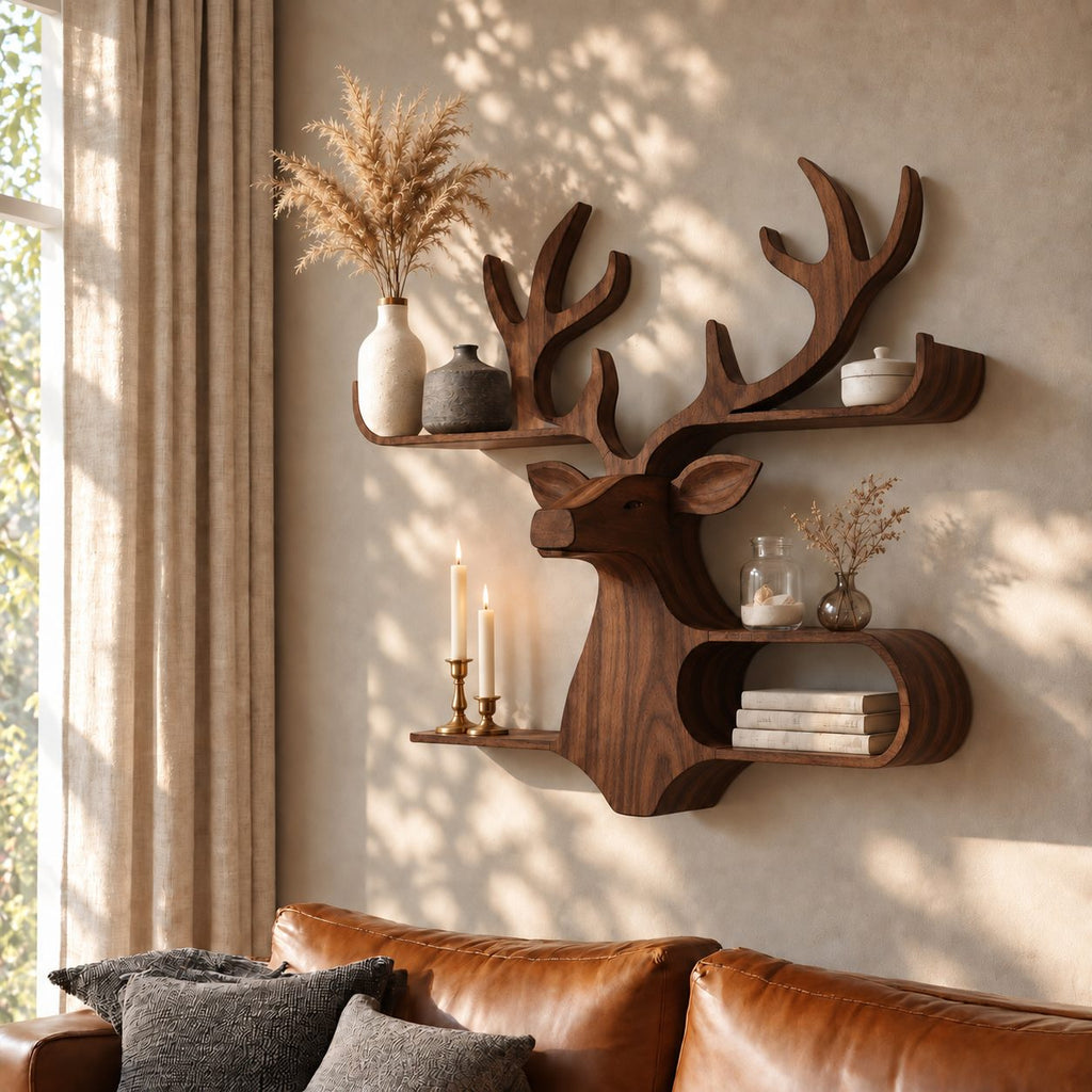 Oval Cubby Deer Wall Shelf, Carved Solid Wood Stag Head with Loop Shelf and Antler Ledge