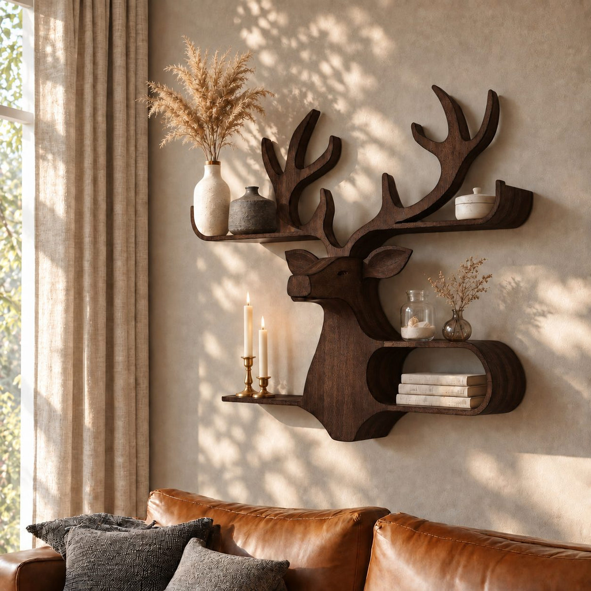 Oval Cubby Deer Wall Shelf, Carved Solid Wood Stag Head with Loop Shelf and Antler Ledge