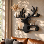 Oval Cubby Deer Wall Shelf, Carved Solid Wood Stag Head with Loop Shelf and Antler Ledge