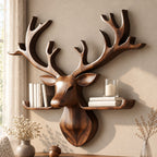 Tray Ledge Deer Head Shelf, Carved Solid Wood Stag with Wide Antlers and Two Lipped Side Shelves