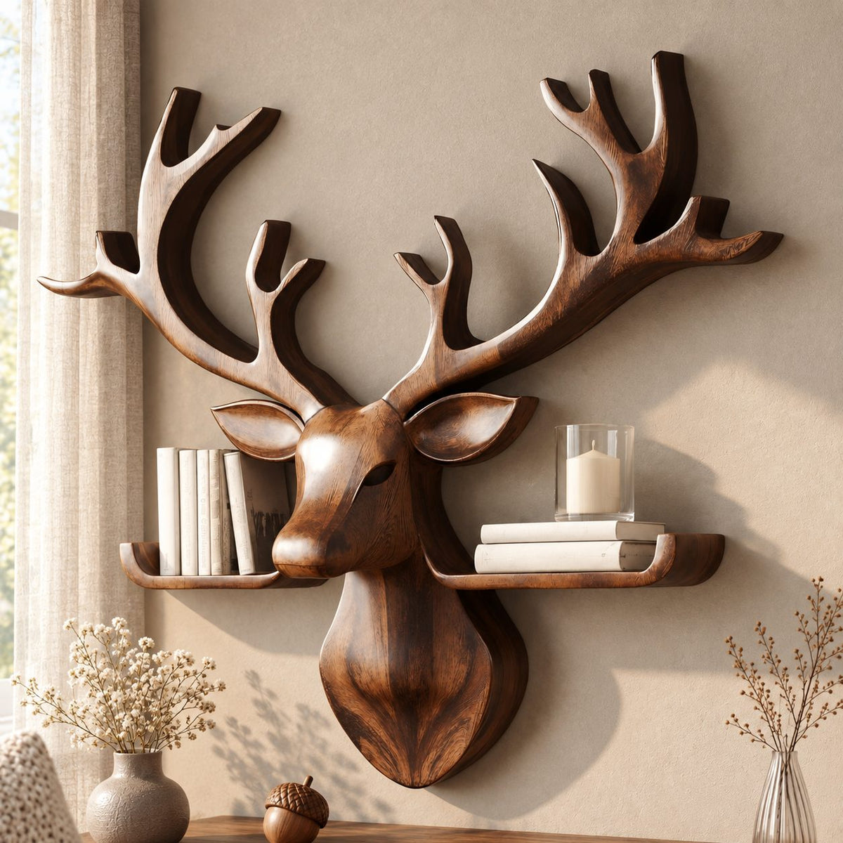 Tray Ledge Deer Head Shelf, Carved Solid Wood Stag with Wide Antlers and Two Lipped Side Shelves