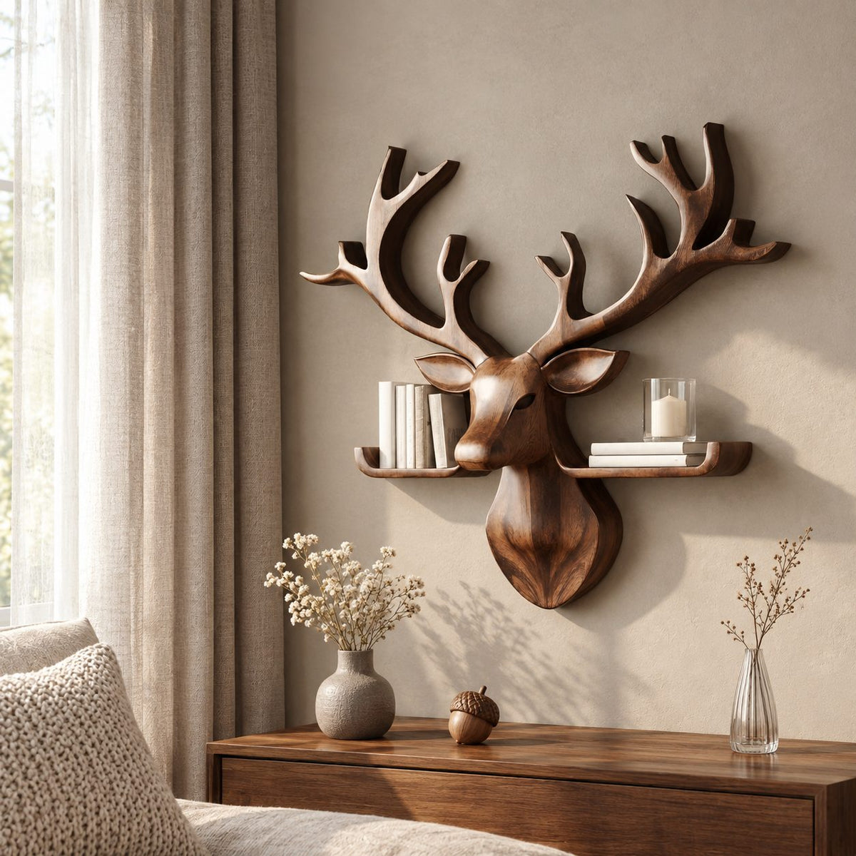 Tray Ledge Deer Head Shelf, Carved Solid Wood Stag with Wide Antlers and Two Lipped Side Shelves