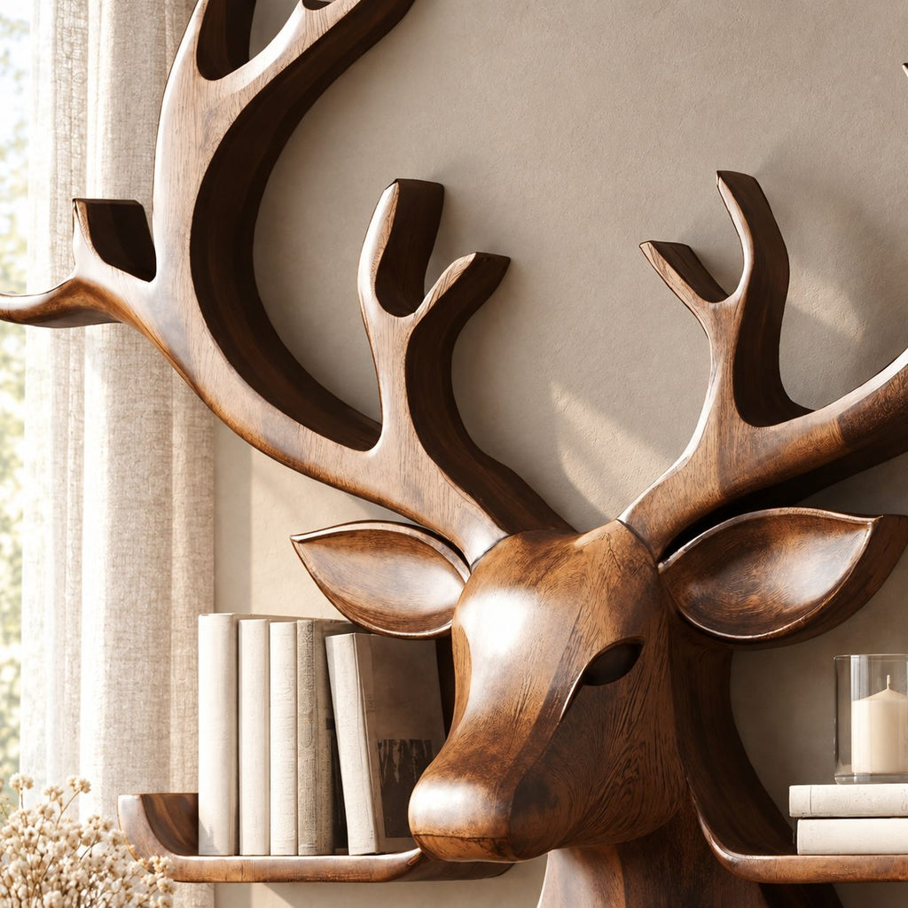 Tray Ledge Deer Head Shelf, Carved Solid Wood Stag with Wide Antlers and Two Lipped Side Shelves