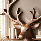 Tray Ledge Deer Head Shelf, Carved Solid Wood Stag with Wide Antlers and Two Lipped Side Shelves