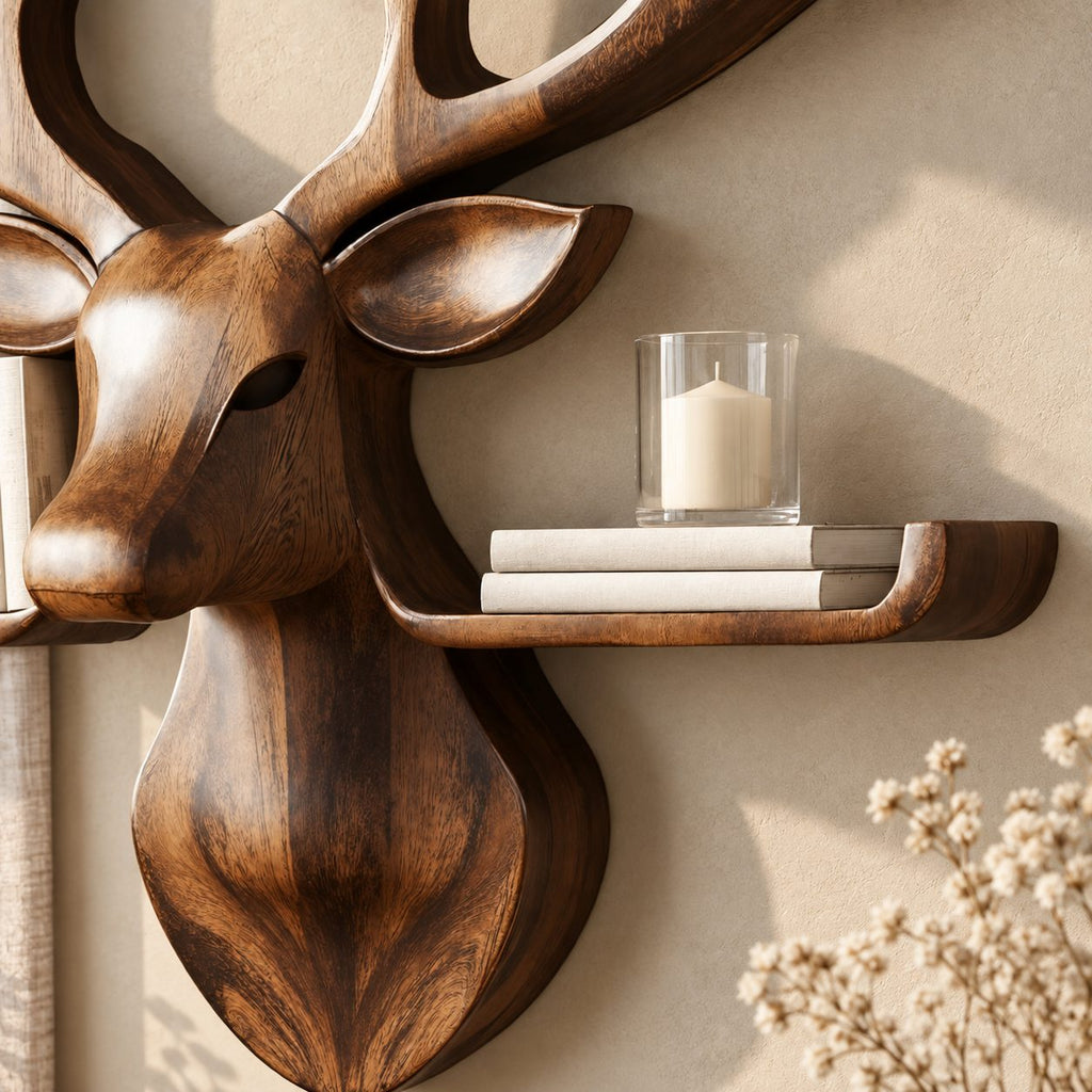 Tray Ledge Deer Head Shelf, Carved Solid Wood Stag with Wide Antlers and Two Lipped Side Shelves