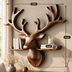 Tray Ledge Deer Head Shelf, Carved Solid Wood Stag with Wide Antlers and Two Lipped Side Shelves