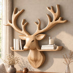 Tray Ledge Deer Head Shelf, Carved Solid Wood Stag with Wide Antlers and Two Lipped Side Shelves