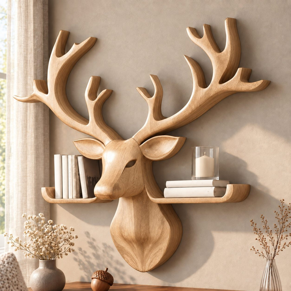 Tray Ledge Deer Head Shelf, Carved Solid Wood Stag with Wide Antlers and Two Lipped Side Shelves
