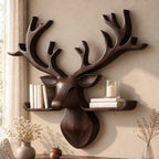 Tray Ledge Deer Head Shelf, Carved Solid Wood Stag with Wide Antlers and Two Lipped Side Shelves