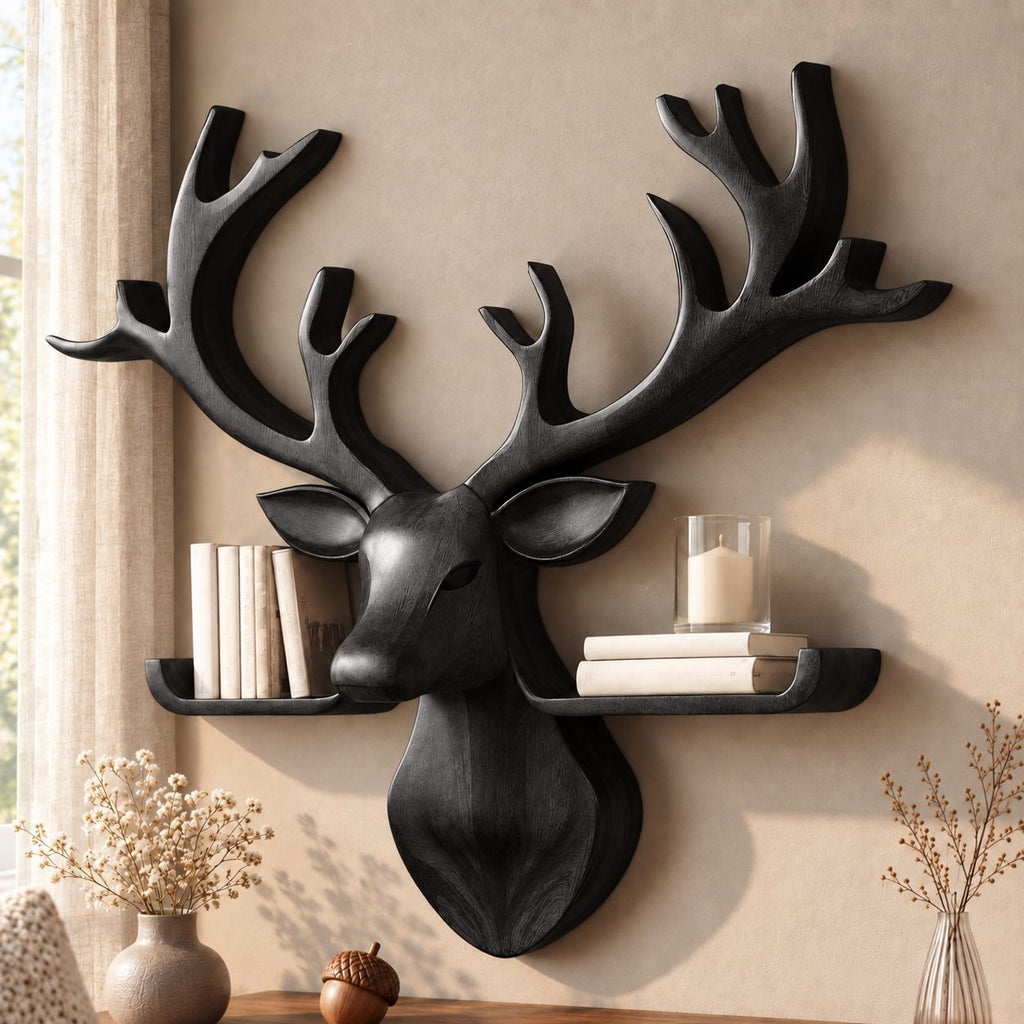 Tray Ledge Deer Head Shelf, Carved Solid Wood Stag with Wide Antlers and Two Lipped Side Shelves