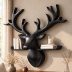 Tray Ledge Deer Head Shelf, Carved Solid Wood Stag with Wide Antlers and Two Lipped Side Shelves