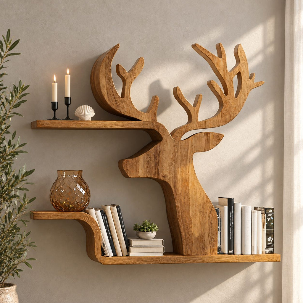 Silhouette Deer Wall Shelf, Cut Out Solid Wood Stag Profile with Two Floating Bookshelves