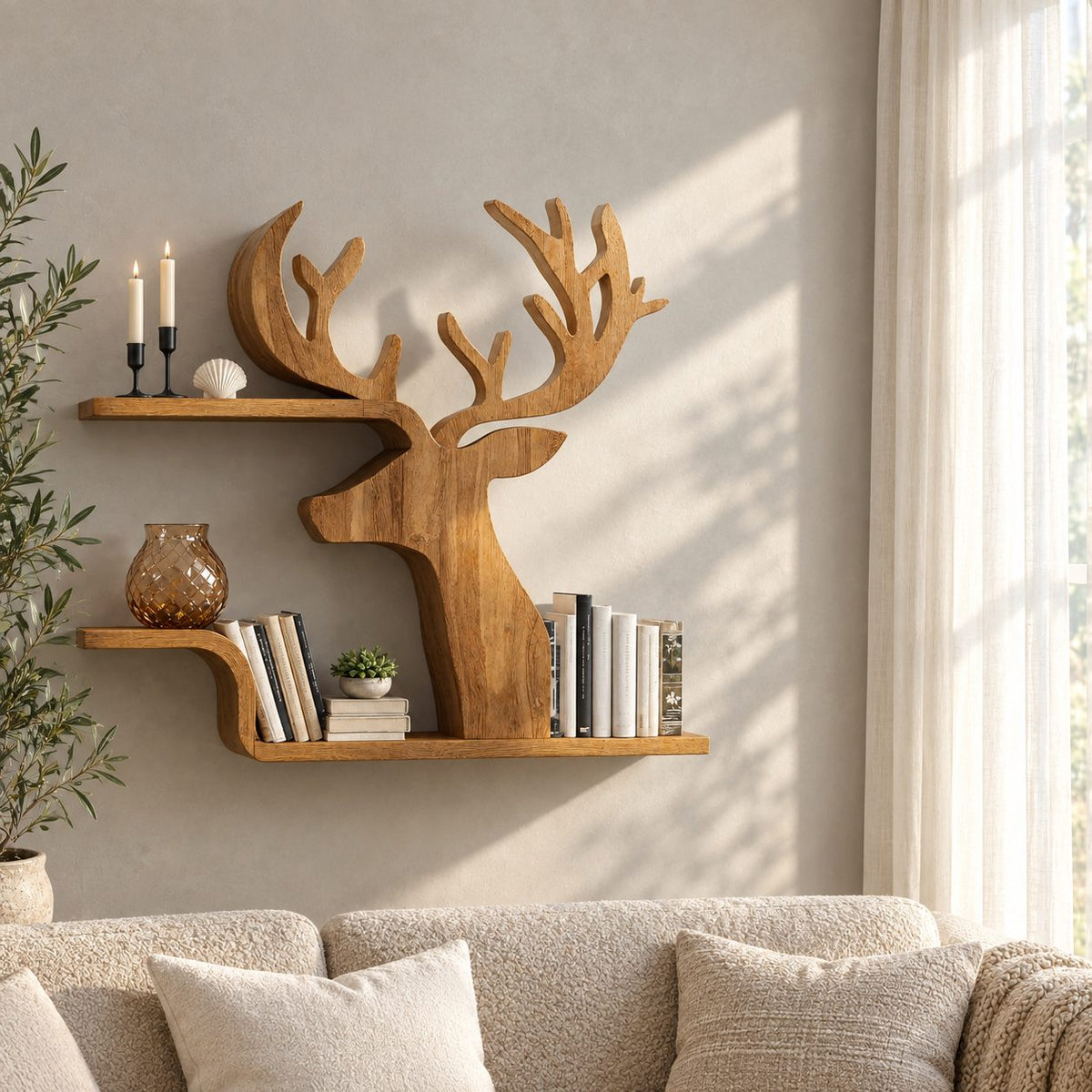 Silhouette Deer Wall Shelf, Cut Out Solid Wood Stag Profile with Two Floating Bookshelves