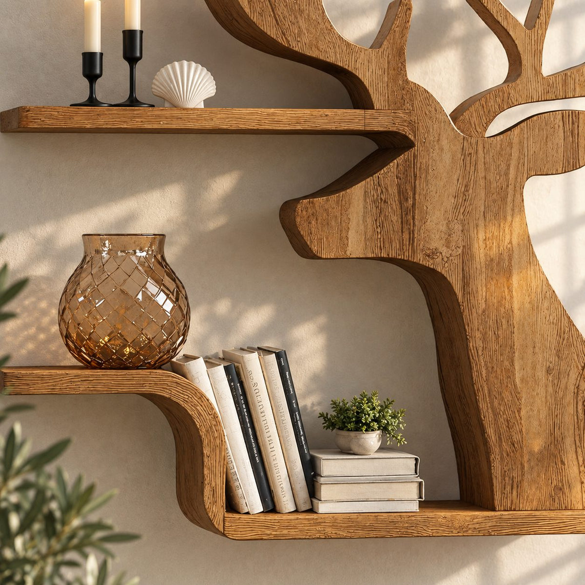 Silhouette Deer Wall Shelf, Cut Out Solid Wood Stag Profile with Two Floating Bookshelves