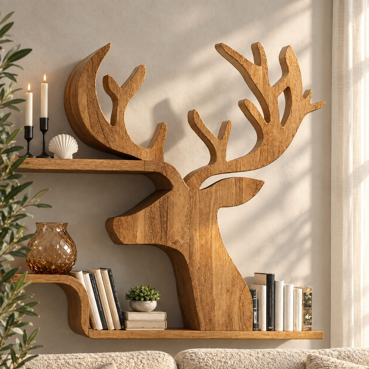 Silhouette Deer Wall Shelf, Cut Out Solid Wood Stag Profile with Two Floating Bookshelves