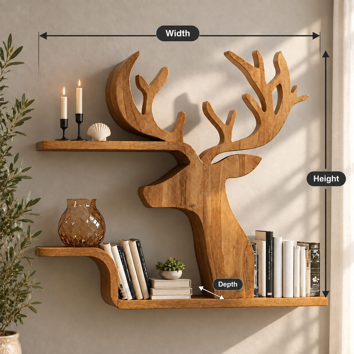 Silhouette Deer Wall Shelf, Cut Out Solid Wood Stag Profile with Two Floating Bookshelves
