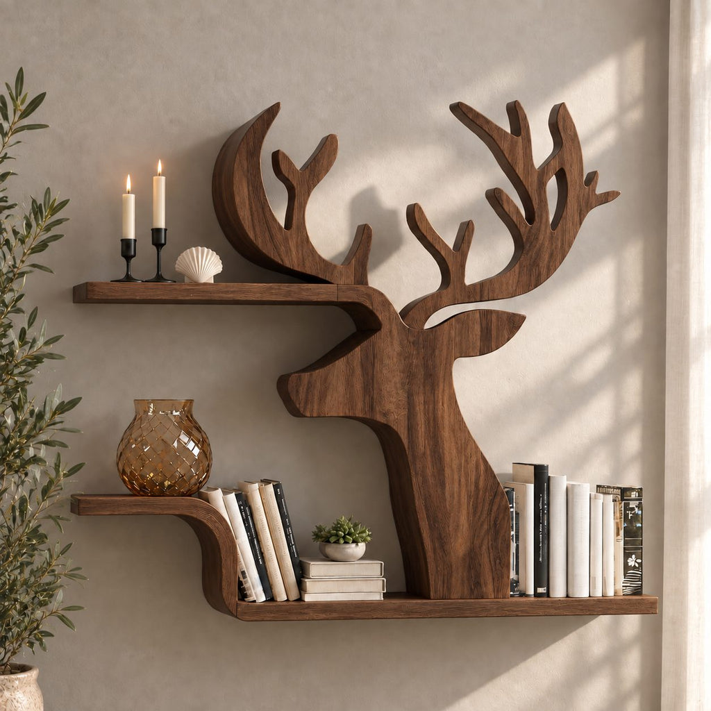 Silhouette Deer Wall Shelf, Cut Out Solid Wood Stag Profile with Two Floating Bookshelves