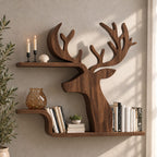 Silhouette Deer Wall Shelf, Cut Out Solid Wood Stag Profile with Two Floating Bookshelves