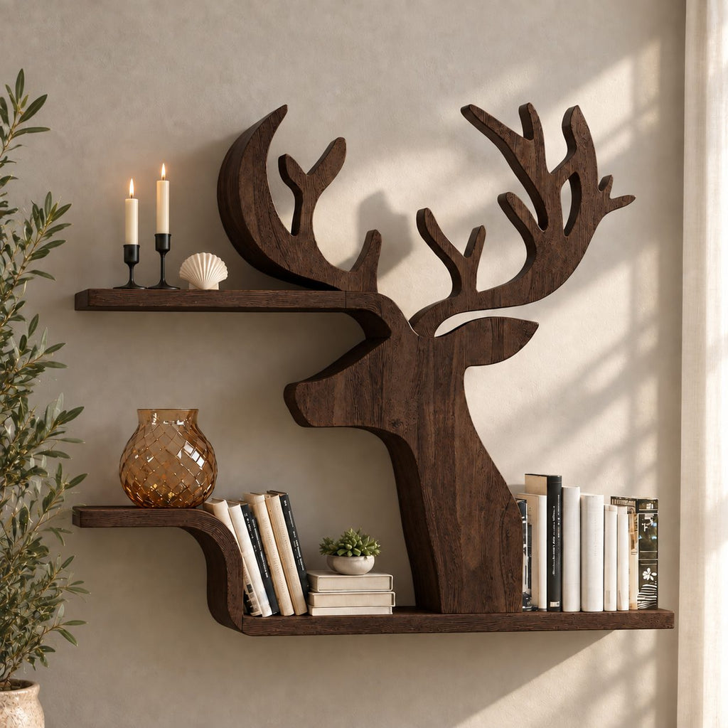 Silhouette Deer Wall Shelf, Cut Out Solid Wood Stag Profile with Two Floating Bookshelves