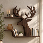 Silhouette Deer Wall Shelf, Cut Out Solid Wood Stag Profile with Two Floating Bookshelves