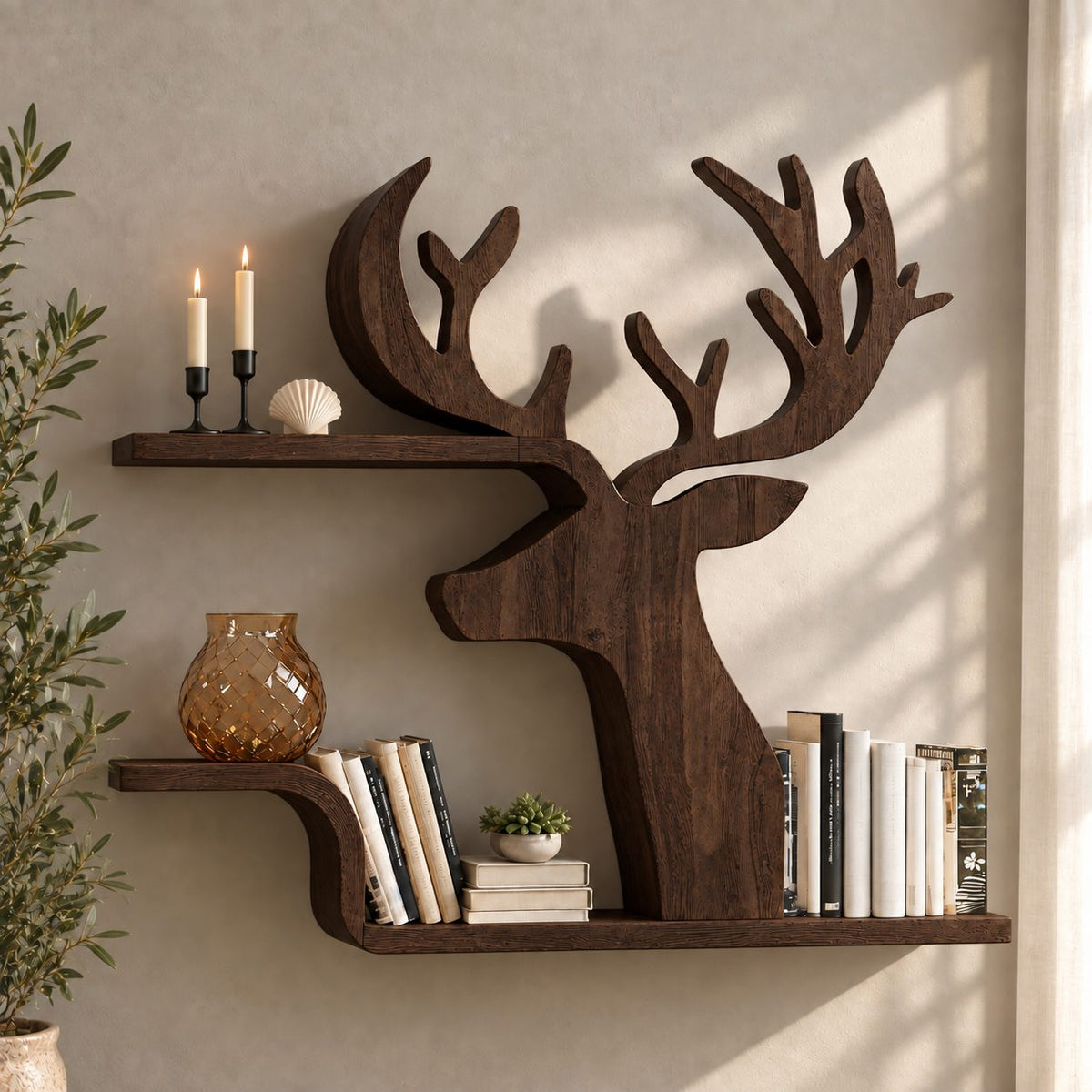 Silhouette Deer Wall Shelf, Cut Out Solid Wood Stag Profile with Two Floating Bookshelves