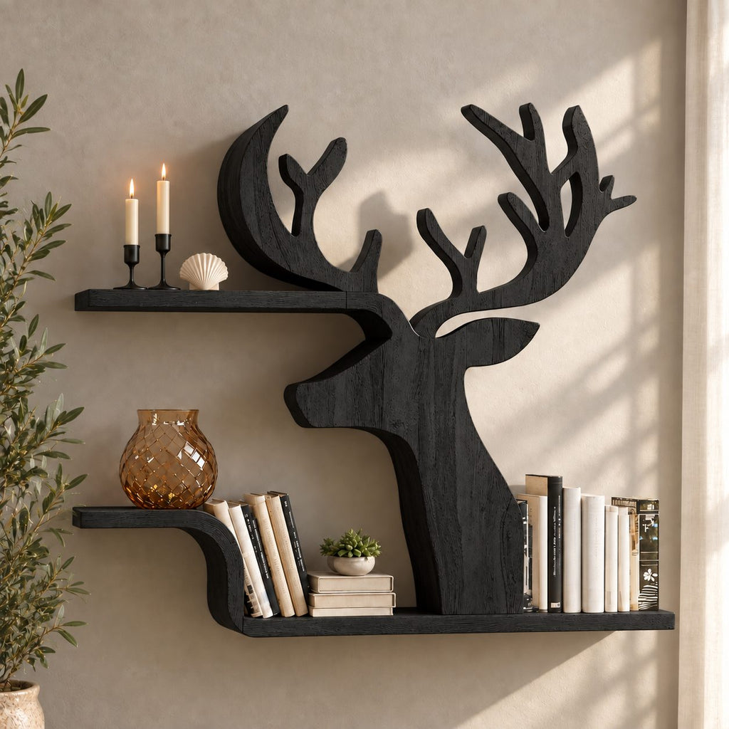 Silhouette Deer Wall Shelf, Cut Out Solid Wood Stag Profile with Two Floating Bookshelves