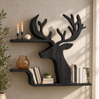 Silhouette Deer Wall Shelf, Cut Out Solid Wood Stag Profile with Two Floating Bookshelves