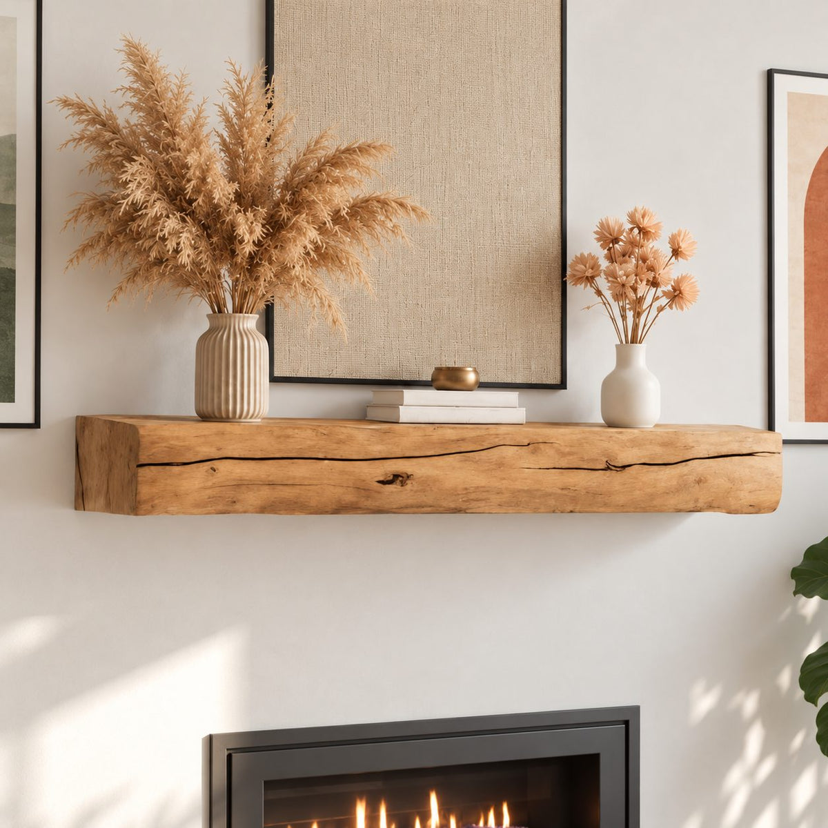 Cracked Beam Fireplace Mantel Shelf, Rustic Solid Wood Floating Mantel with Natural Checks and Knots