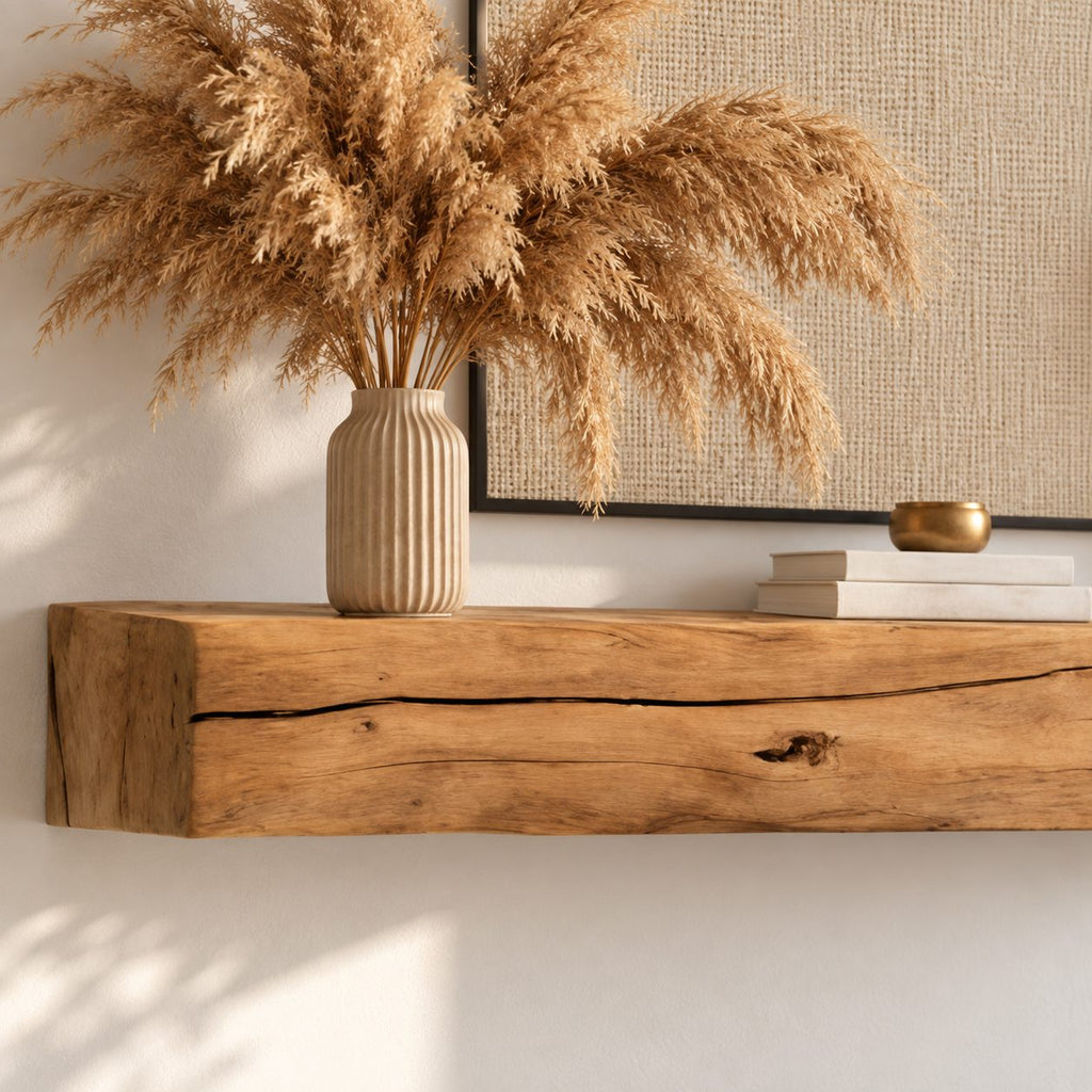 Cracked Beam Fireplace Mantel Shelf, Rustic Solid Wood Floating Mantel with Natural Checks and Knots
