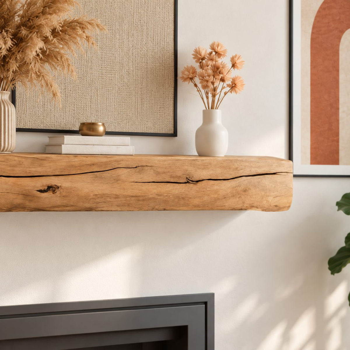 Cracked Beam Fireplace Mantel Shelf, Rustic Solid Wood Floating Mantel with Natural Checks and Knots