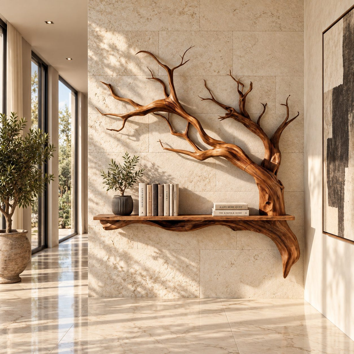 Tree Branch Wall Shelf, Sculptural Solid Wood Floating Shelf with Driftwood Style Branches for Entryway