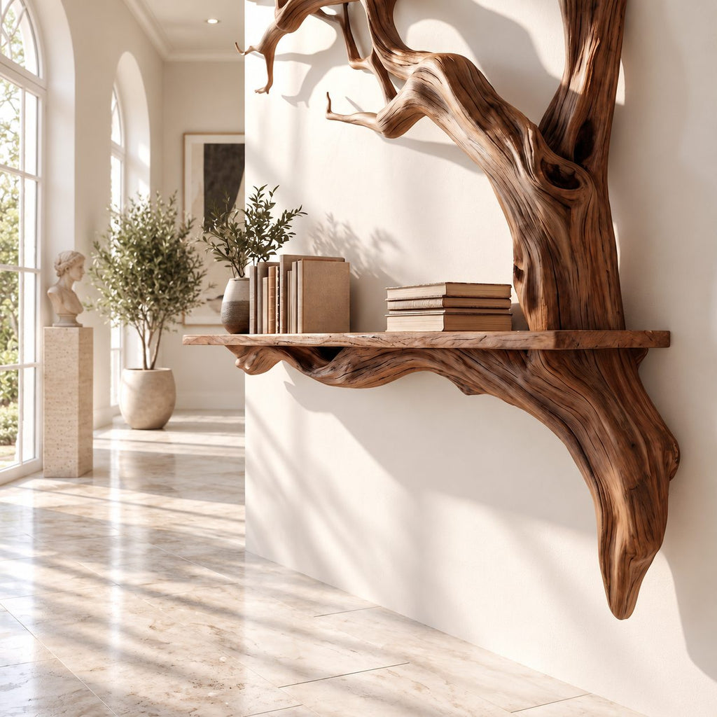 Tree Branch Wall Shelf, Sculptural Solid Wood Floating Shelf with Driftwood Style Branches for Entryway