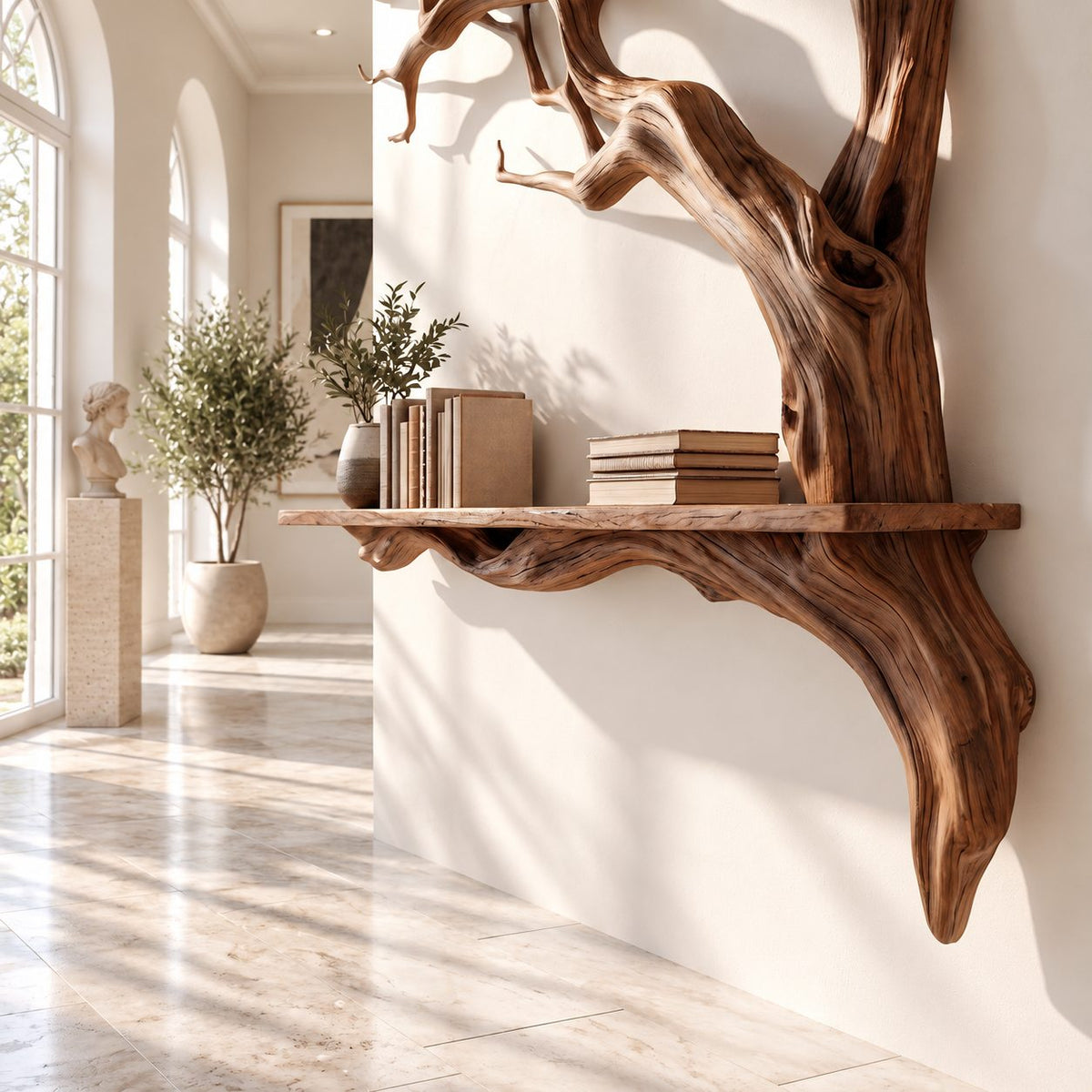 Tree Branch Wall Shelf, Sculptural Solid Wood Floating Shelf with Driftwood Style Branches for Entryway