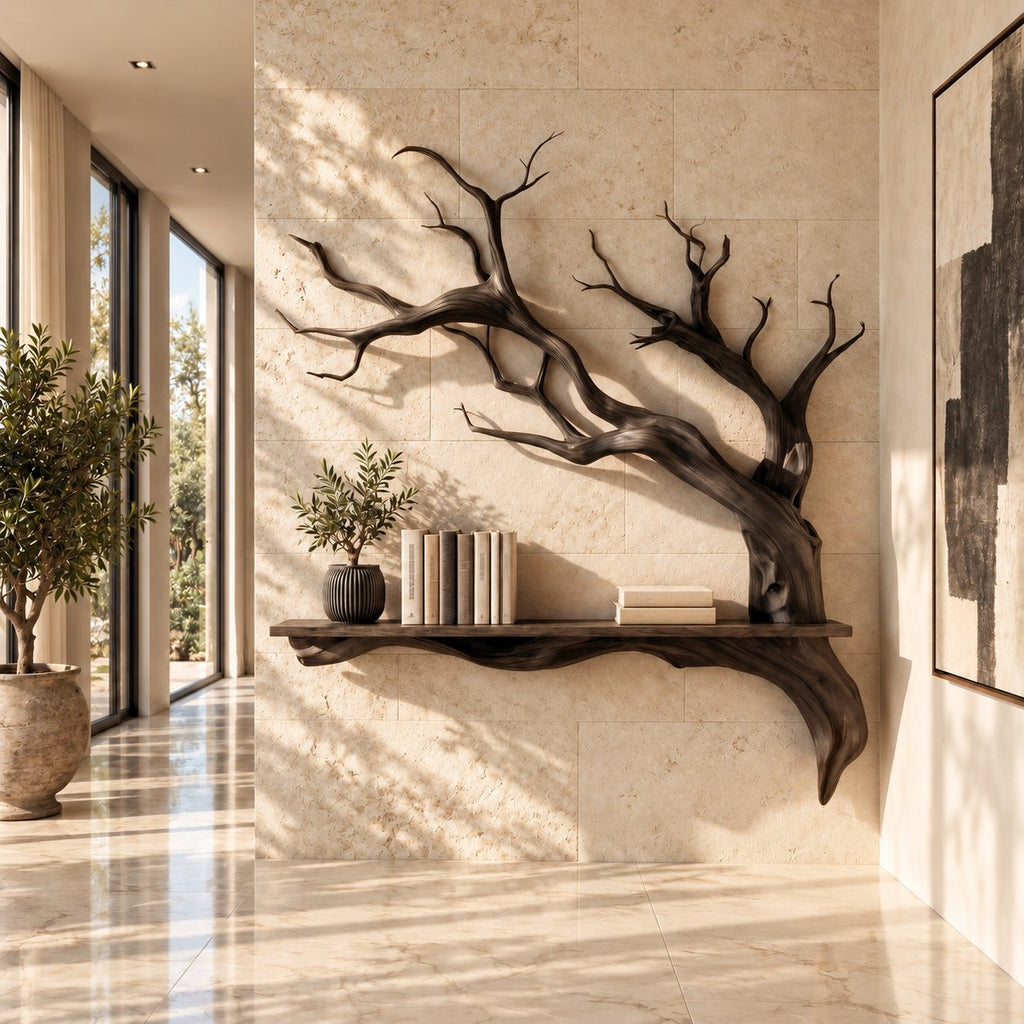 Tree Branch Wall Shelf, Sculptural Solid Wood Floating Shelf with Driftwood Style Branches for Entryway